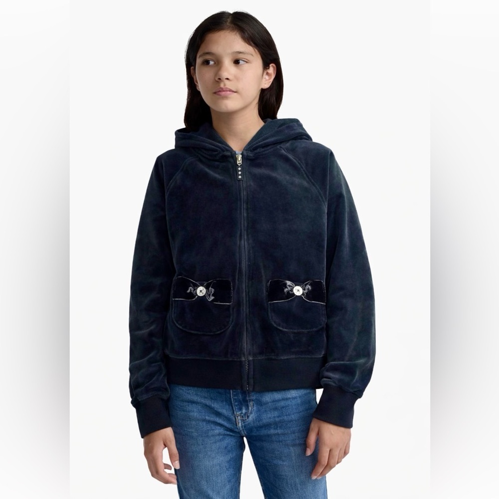 Gymboree Girls Black Velour Hoodie Bow Zip Up Sweatshirt 7